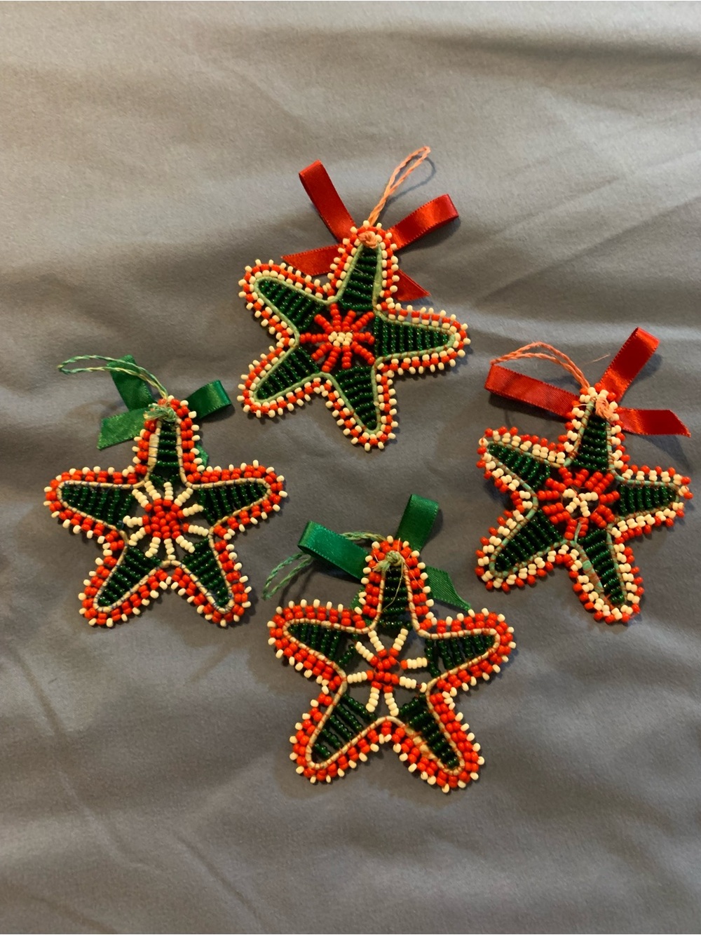 Vintage Handmade Green & Red Beaded Star Ornaments - Set of 4